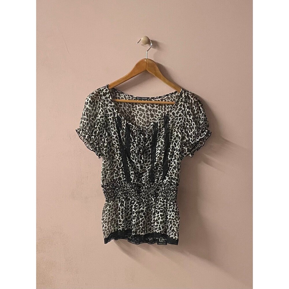 Blue Sketch Y2K Sheer Leopard Print Lace Trim Blouse Size S
